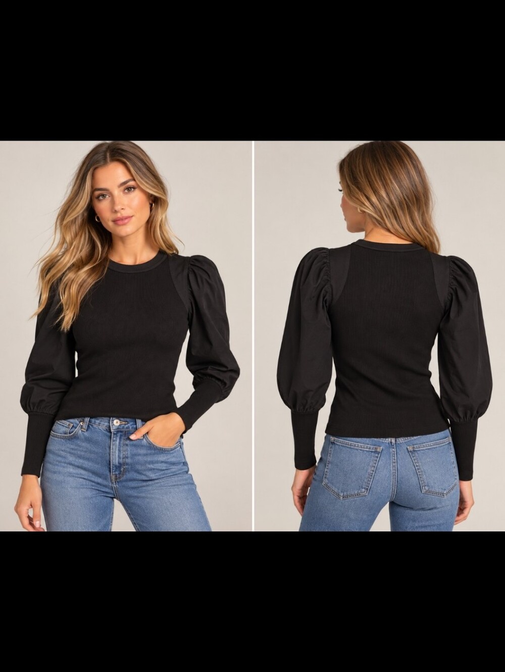 Veronica Beard Donovan Top Black XS Pima Cotton Puff Sleeve Ribbed J2210JY020S03